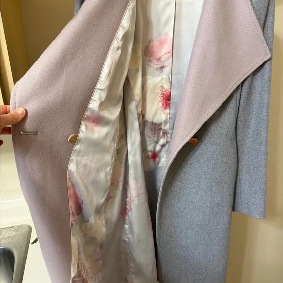 Ted Baker Wool Cashmere trench coat silver gray pink belted size UK2 US 6 - Picture 6 of 9